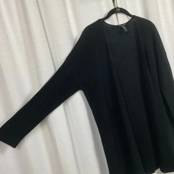 Eileen Fisher Black Linen&amp;Cotton Ribbed Long Sleeve Open Front Cardigan Sz.L