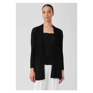 Eileen Fisher Black Linen&amp;Cotton Ribbed Long Sleeve Open Front Cardigan Sz.L