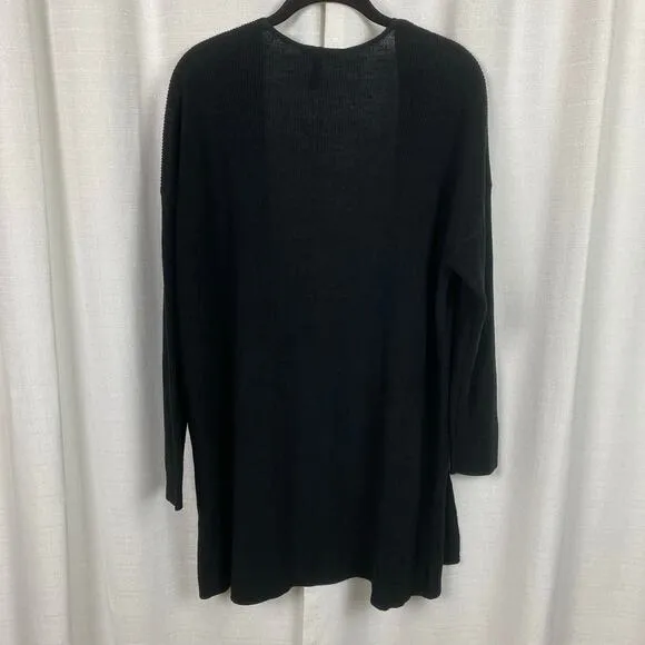 Eileen Fisher Black Linen&amp;Cotton Ribbed Long Sleeve Open Front Cardigan Sz.L