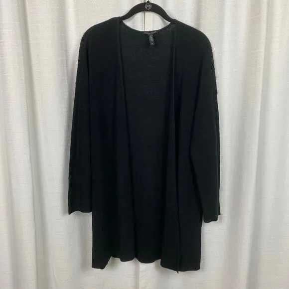 Eileen Fisher Black Linen&amp;Cotton Ribbed Long Sleeve Open Front Cardigan Sz.L