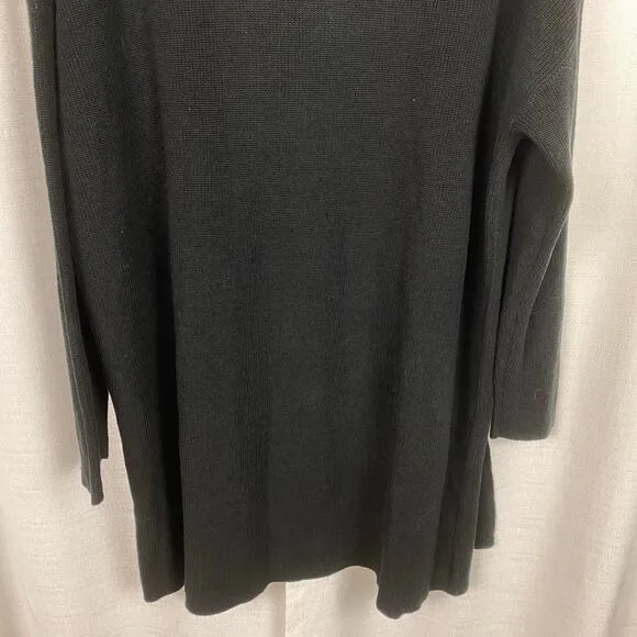 Eileen Fisher Black Linen&amp;Cotton Ribbed Long Sleeve Open Front Cardigan Sz.L