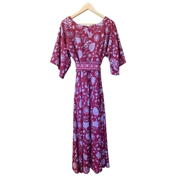 eShakti® Wayward Fancies Floral Print Crepe Maxi Dress Red Size 12-14