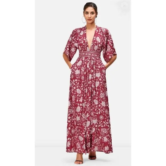 eShakti® Wayward Fancies Floral Print Crepe Maxi Dress Red Size 12-14