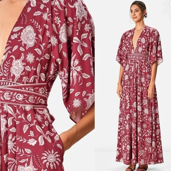 eShakti® Wayward Fancies Floral Print Crepe Maxi Dress Red Size 12-14