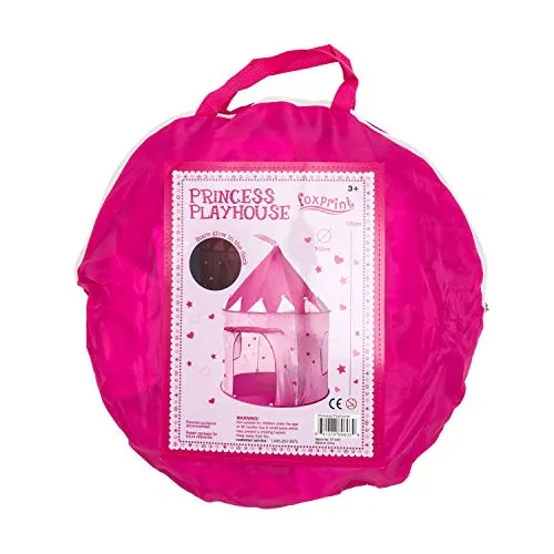 Foxprint Princess Castle Play Tent With Glow In The Dark Stars, Conveniently Folds In To A Carrying Case, Your Kids Will Enjoy This Foldable Pop Up Pink Play Tent/House Toy For Indoor and Outdoor Use