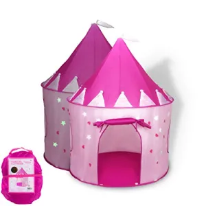 Foxprint Princess Castle Play Tent With Glow In The Dark Stars, Conveniently Folds In To A Carrying Case, Your Kids Will Enjoy This Foldable Pop Up Pink Play Tent/House Toy For Indoor and Outdoor Use