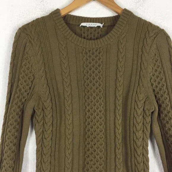 Frame Olive Green Cable Knit Chunky Knit Cropped Fisherman Sweater Large