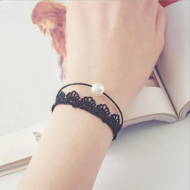 Free shipping wholessale Vintage imitation pearl sun black lace cute bracelets & bangles handmade accessories jewelry bracelets