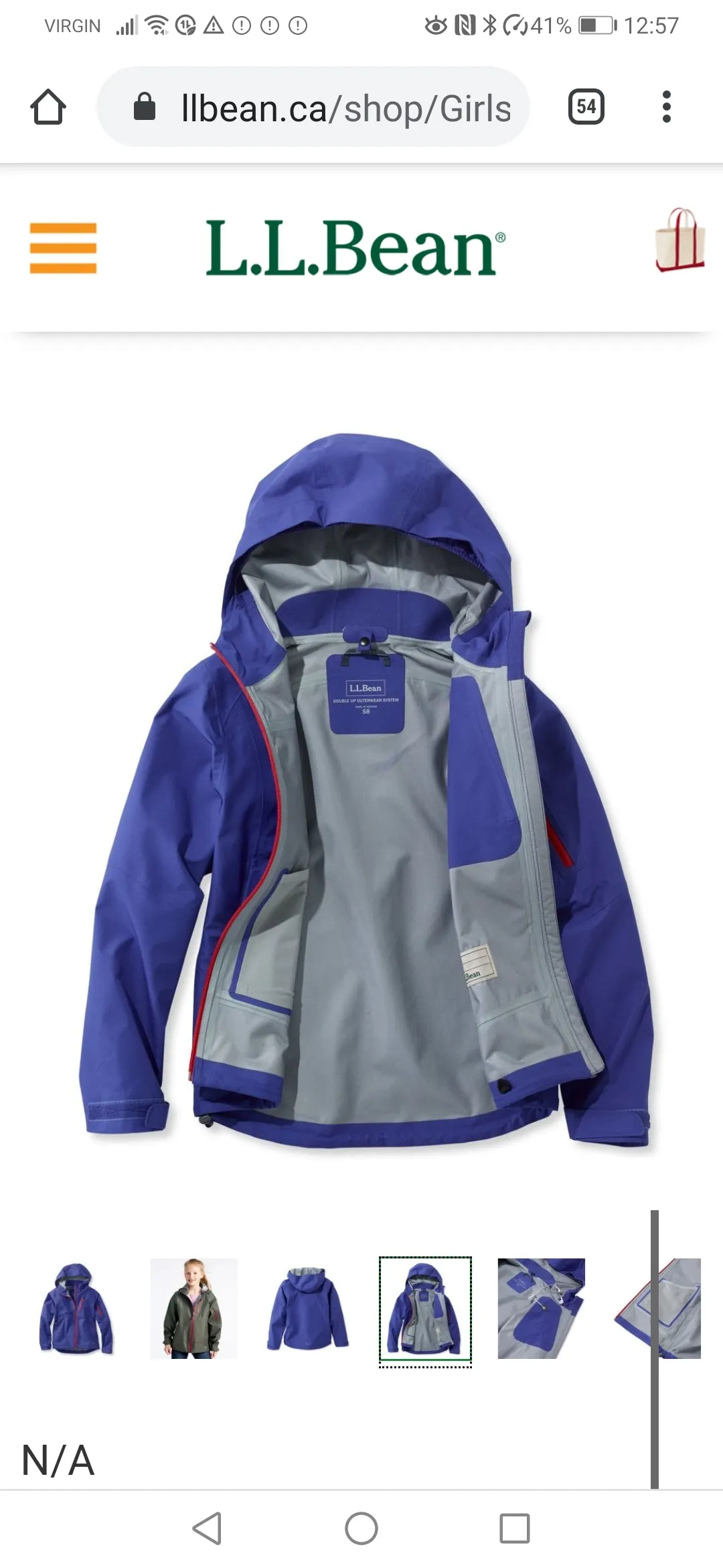 GIRL SIZE MEDIUM (5/6 YEARS) LL BEAN, Lightweight Zippered Jacket EUC B36