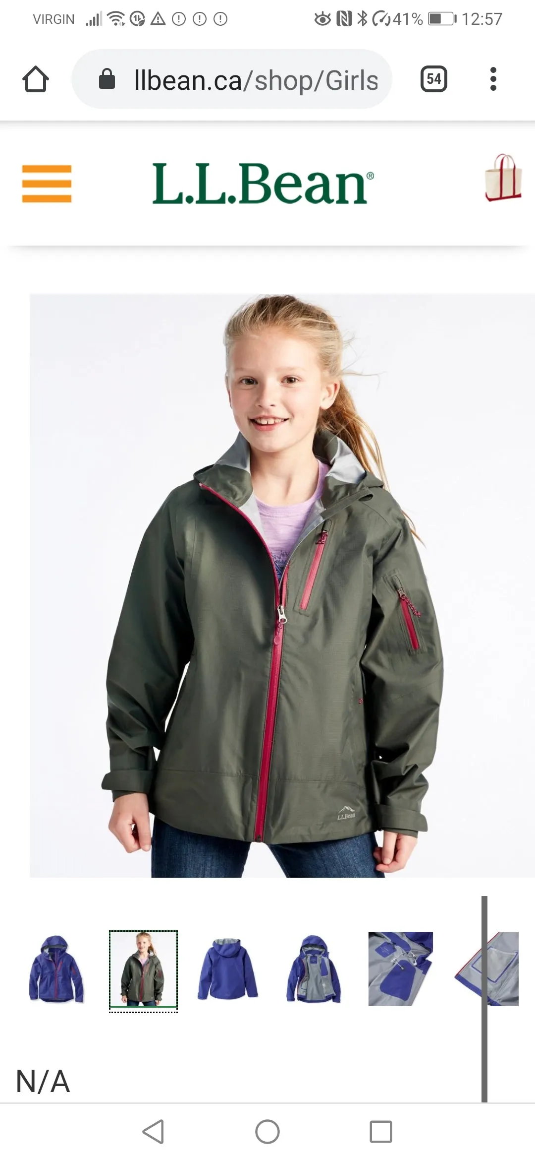 GIRL SIZE MEDIUM (5/6 YEARS) LL BEAN, Lightweight Zippered Jacket EUC B36