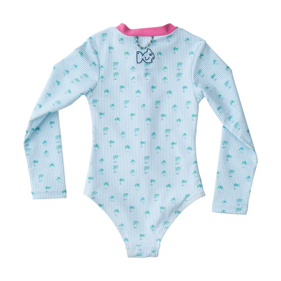 GIRLS' SURF AND TURF ONE PIECE SWIMSUIT IN PALM TREE STRIPE PRINT