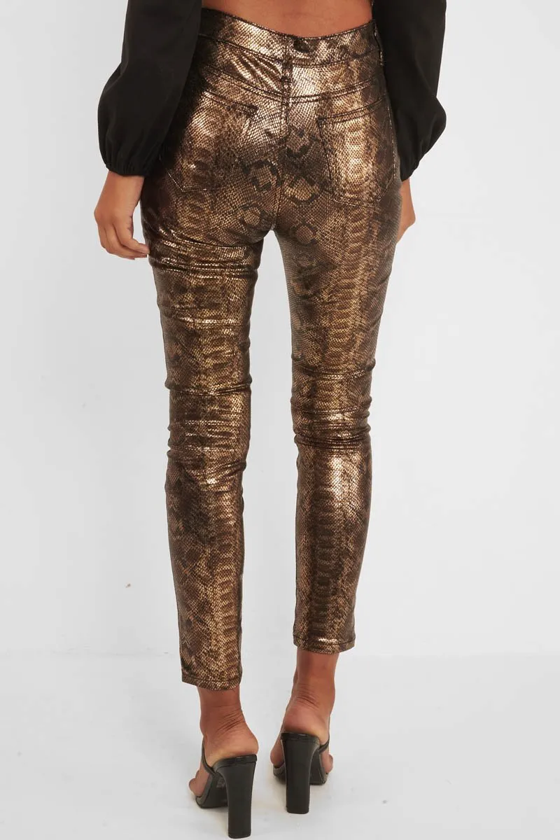 Gold Metallic Coated Snake Print Jeans - Tamsin