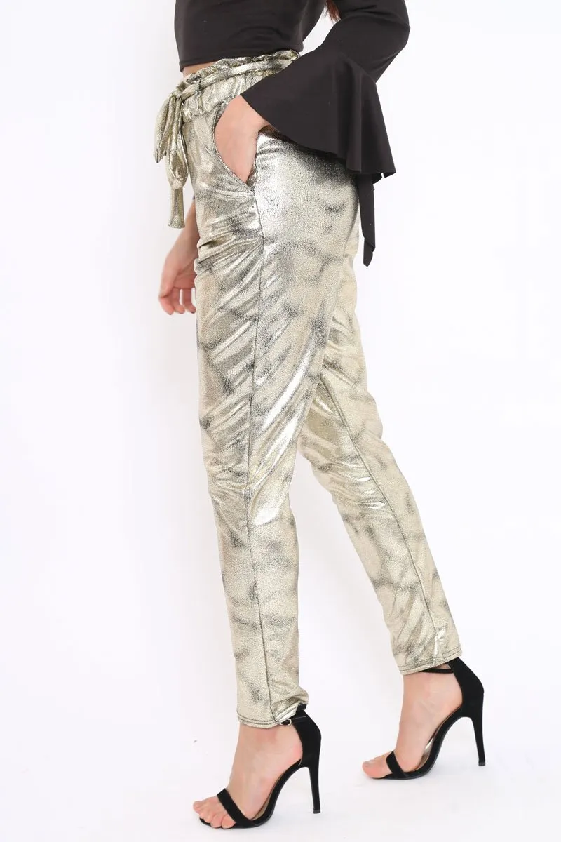 Gold Metallic Tie Waist Trousers - Brigette