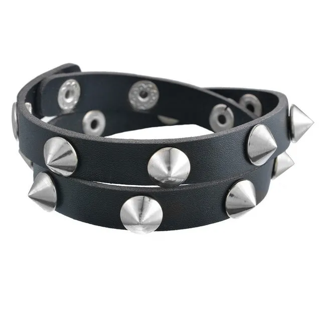 Gothic Punk Metal Cone Stud Spikes Rivet Leather Bracelet Wristband Cuff Bangle Cool Men Women Multilayer Bracelet