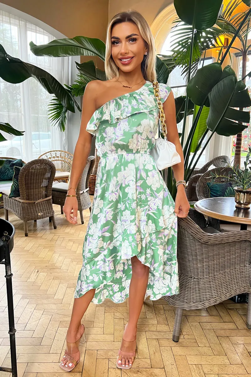 Green Floral Printed One Shoulder Frill Detail Dipped Hem Dress