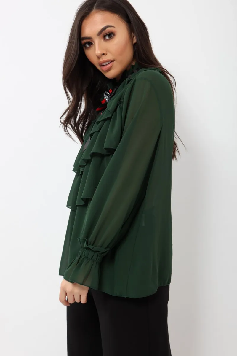 Green Sheer Ruffle Blouse with Striped Neck Tie - Viktoria