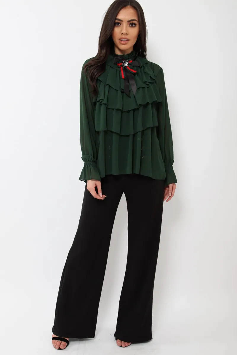 Green Sheer Ruffle Blouse with Striped Neck Tie - Viktoria