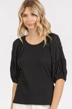 Hazel Blues® |  Mittoshop Mixed Media Textured Knit Popcorn Puff Sleeve Blouse