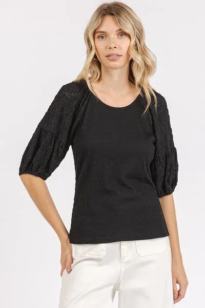 Hazel Blues® |  Mittoshop Mixed Media Textured Knit Popcorn Puff Sleeve Blouse