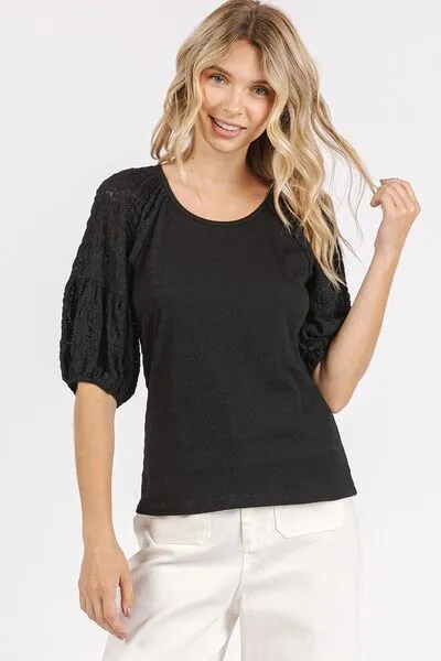 Hazel Blues® |  Mittoshop Mixed Media Textured Knit Popcorn Puff Sleeve Blouse