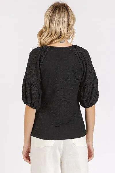 Hazel Blues® |  Mittoshop Mixed Media Textured Knit Popcorn Puff Sleeve Blouse