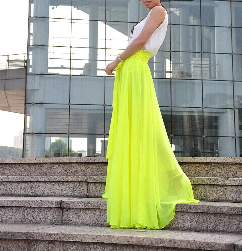 High Waist Maxi Skirt Chiffon Silk Skirts Beautiful Bow Tie Elastic Waist Summer Skirt Floor Length Long Skirt (037), #112