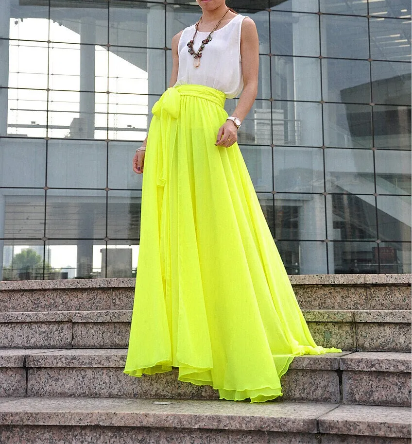High Waist Maxi Skirt Chiffon Silk Skirts Beautiful Bow Tie Elastic Waist Summer Skirt Floor Length Long Skirt (037), #112