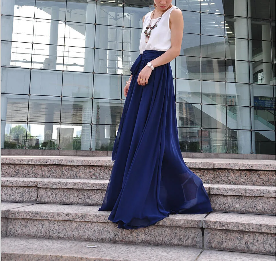 High Waist Maxi Skirt Chiffon Silk Skirts Beautiful Bow Tie Elastic Waist Summer Skirt Floor Length Long Skirt (037), #18