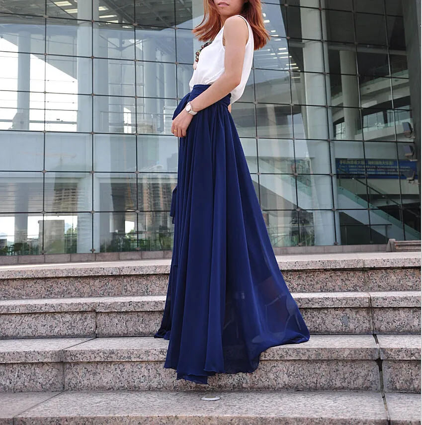 High Waist Maxi Skirt Chiffon Silk Skirts Beautiful Bow Tie Elastic Waist Summer Skirt Floor Length Long Skirt (037), #18