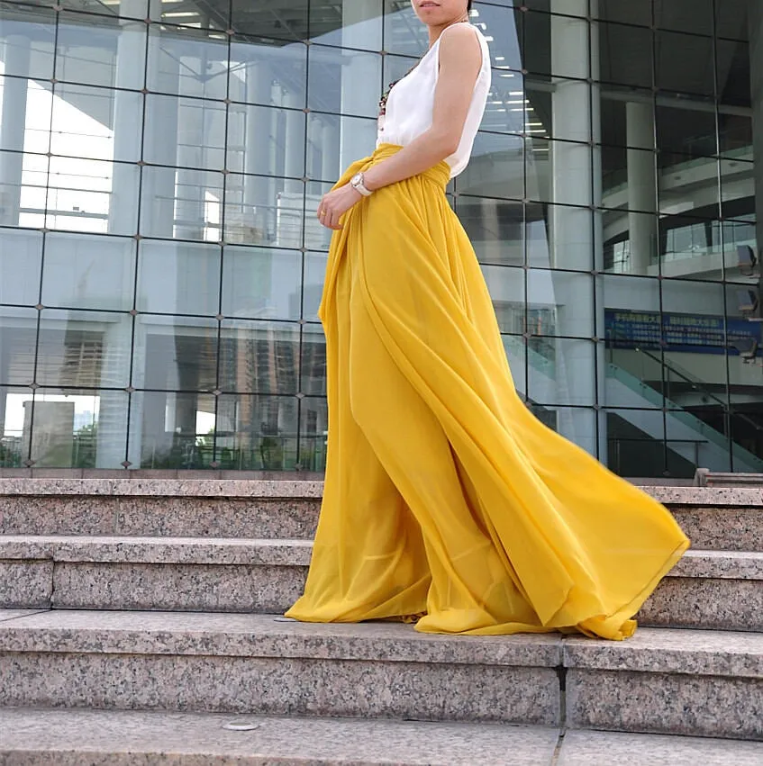 High Waist Maxi Skirt Chiffon Silk Skirts Beautiful Bow Tie Elastic Waist Summer Skirt Floor Length Long Skirt Bridesmaid Dress (037), #62