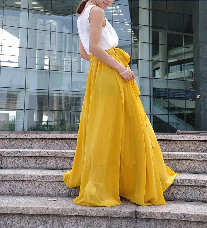 High Waist Maxi Skirt Chiffon Silk Skirts Beautiful Bow Tie Elastic Waist Summer Skirt Floor Length Long Skirt Bridesmaid Dress (037), #62
