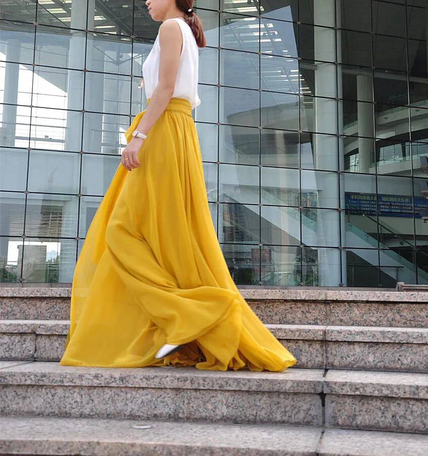 High Waist Maxi Skirt Chiffon Silk Skirts Beautiful Bow Tie Elastic Waist Summer Skirt Floor Length Long Skirt Bridesmaid Dress (037), #62