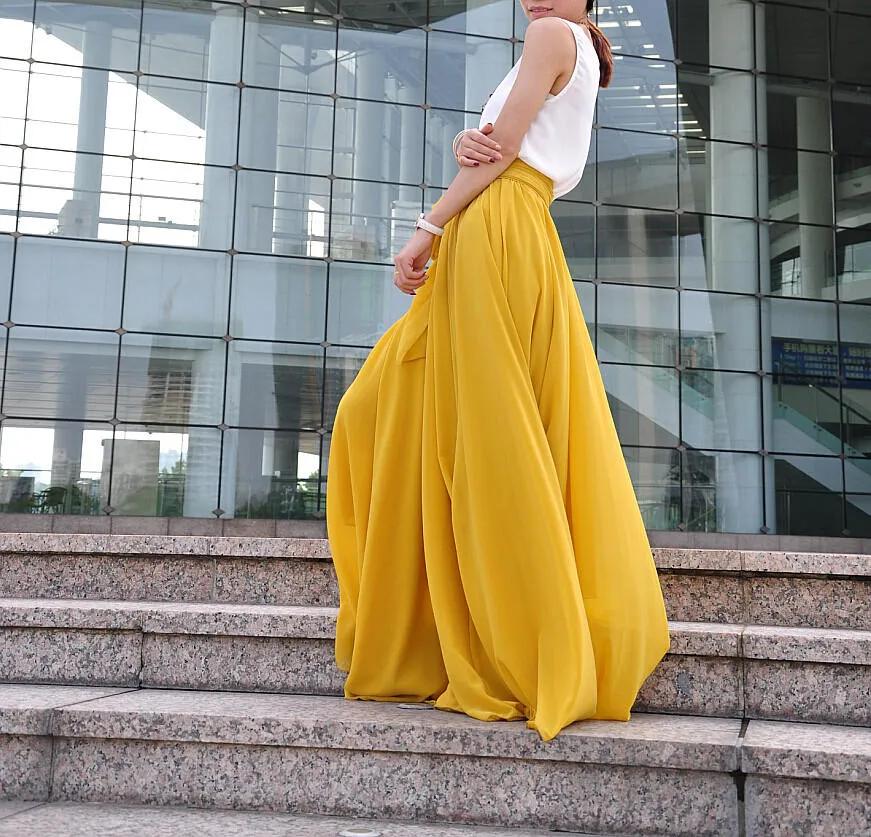 High Waist Maxi Skirt Chiffon Silk Skirts Beautiful Bow Tie Elastic Waist Summer Skirt Floor Length Long Skirt Bridesmaid Dress (037), #62
