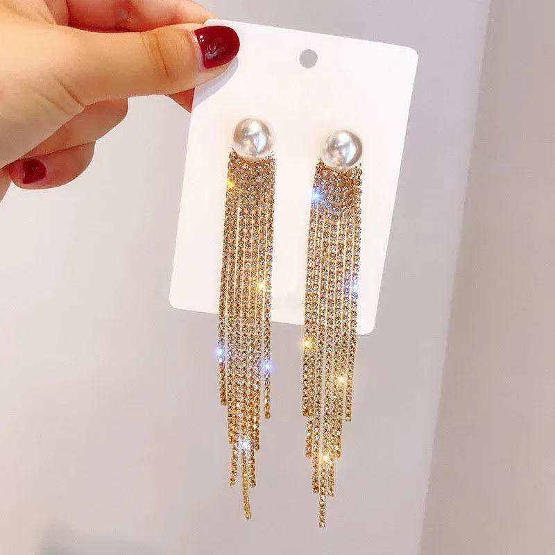 Inlaid Rhinestone Bow Tassel Earrings