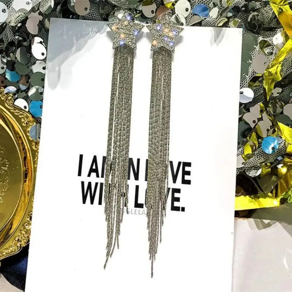 Inlaid Rhinestone Bow Tassel Earrings