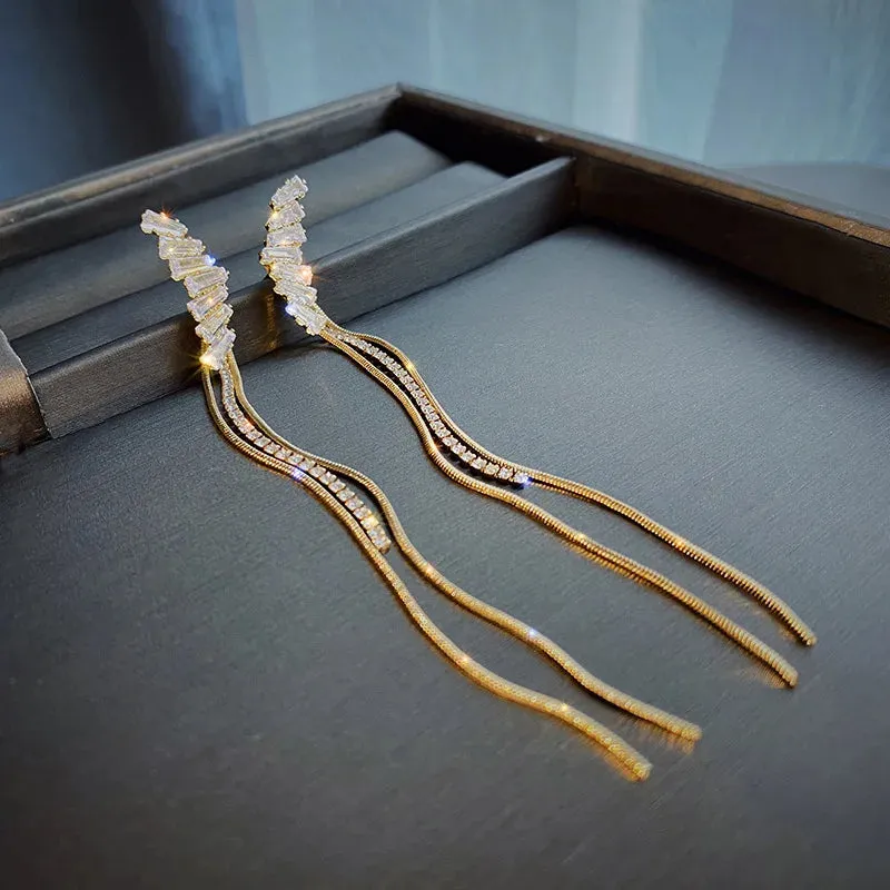 Inlaid Rhinestone Bow Tassel Earrings