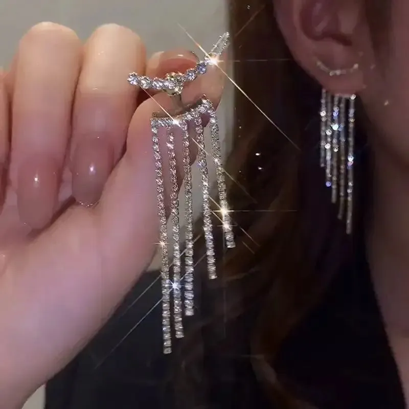 Inlaid Rhinestone Bow Tassel Earrings