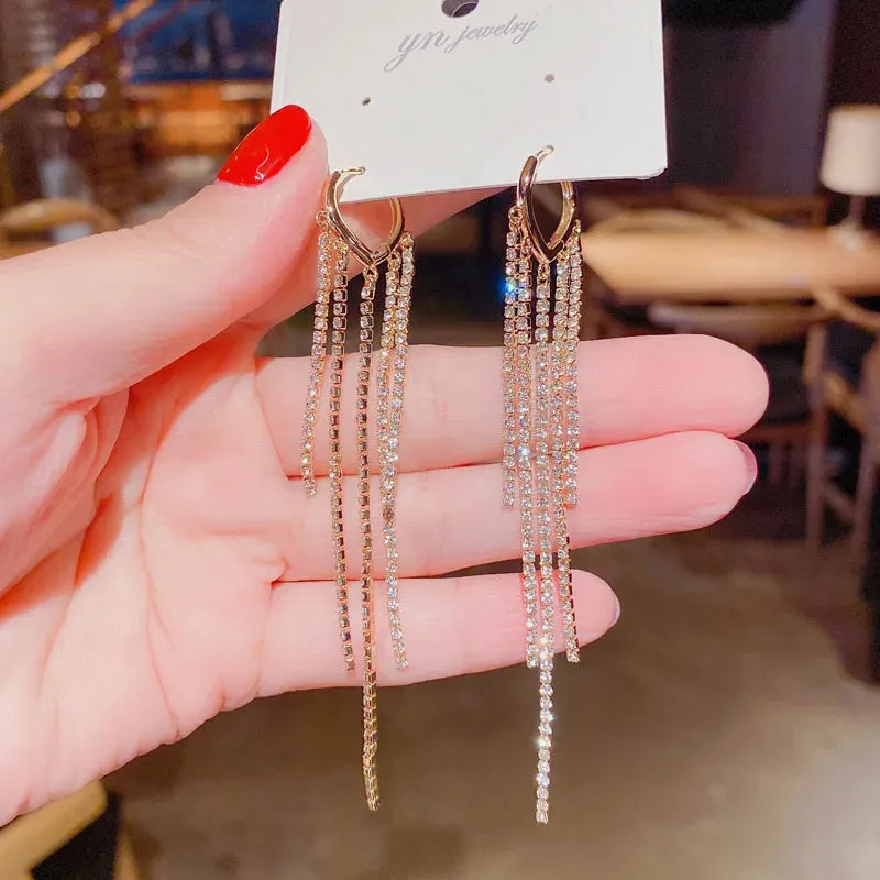 Inlaid Rhinestone Bow Tassel Earrings