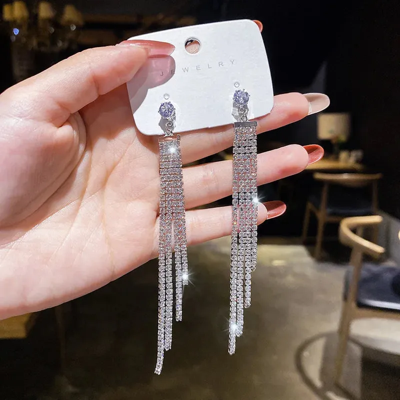 Inlaid Rhinestone Bow Tassel Earrings