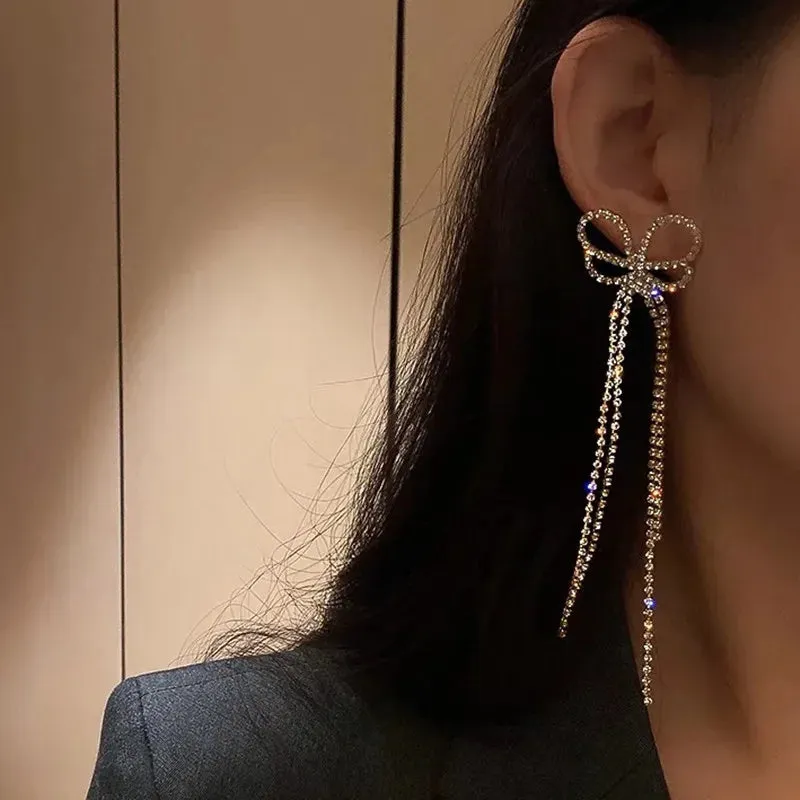 Inlaid Rhinestone Bow Tassel Earrings