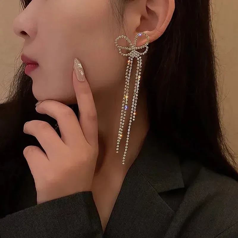 Inlaid Rhinestone Bow Tassel Earrings