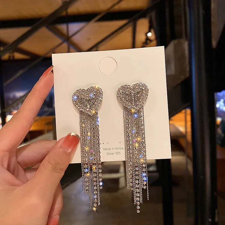 Inlaid Rhinestone Bow Tassel Earrings
