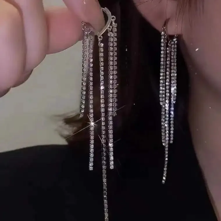 Inlaid Rhinestone Bow Tassel Earrings