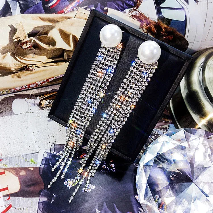 Inlaid Rhinestone Bow Tassel Earrings