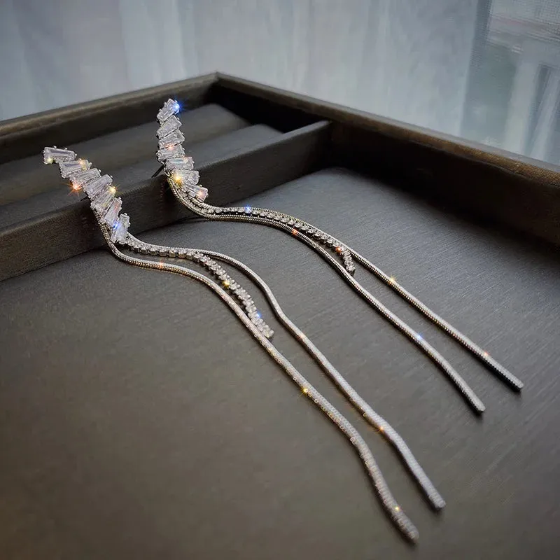 Inlaid Rhinestone Bow Tassel Earrings