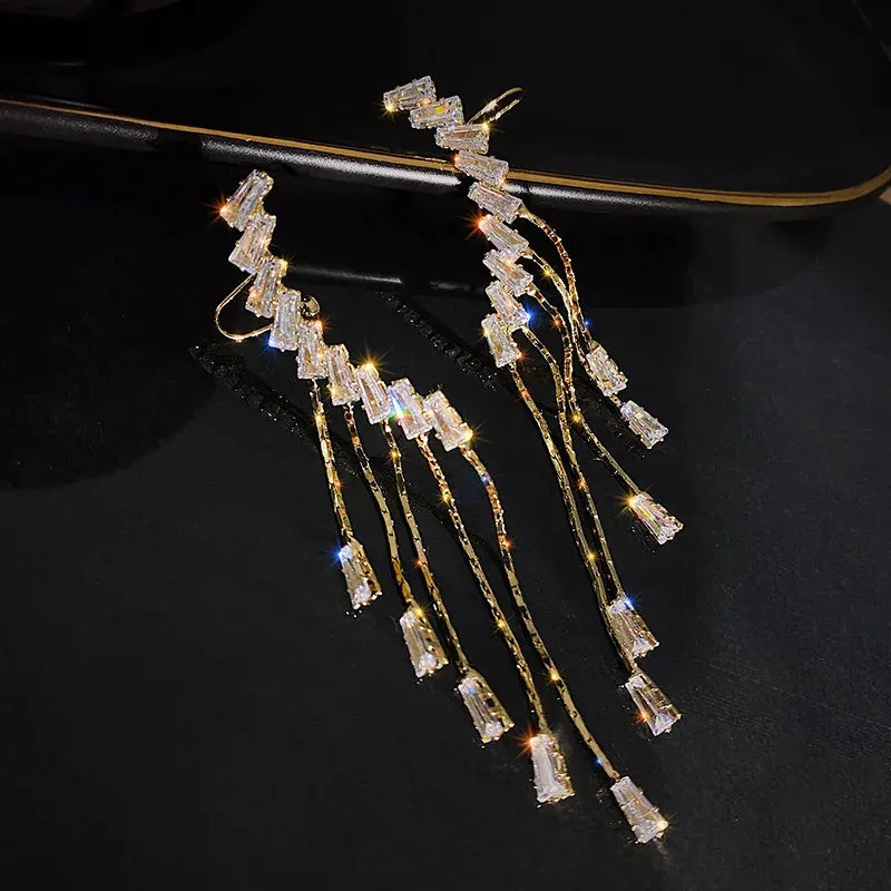 Inlaid Rhinestone Bow Tassel Earrings
