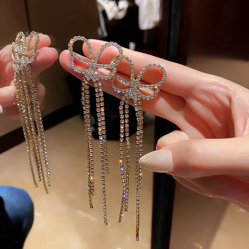 Inlaid Rhinestone Bow Tassel Earrings