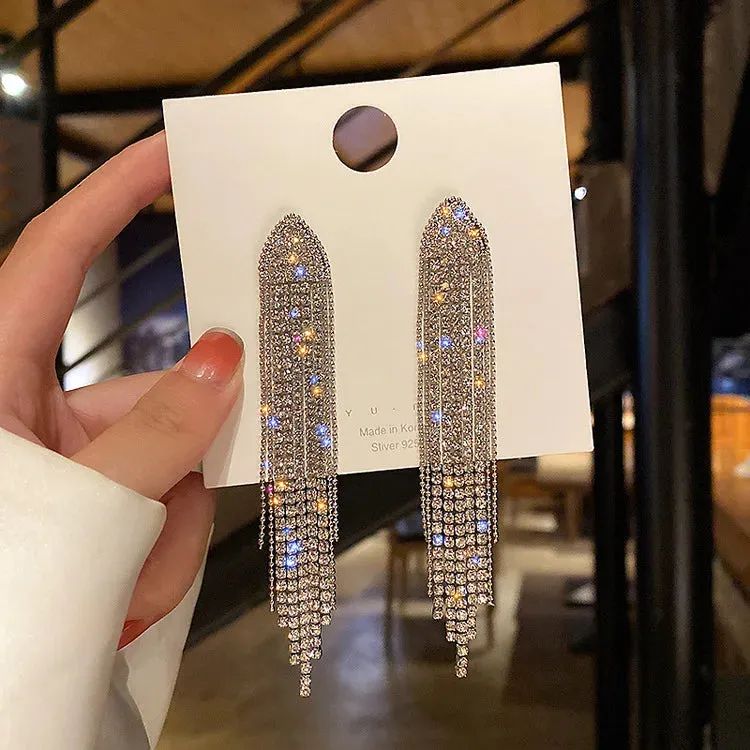 Inlaid Rhinestone Bow Tassel Earrings