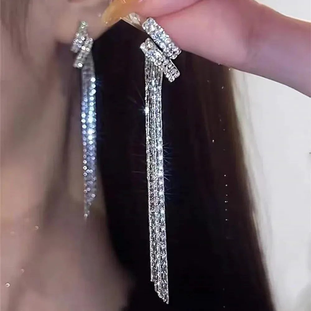 Inlaid Rhinestone Bow Tassel Earrings