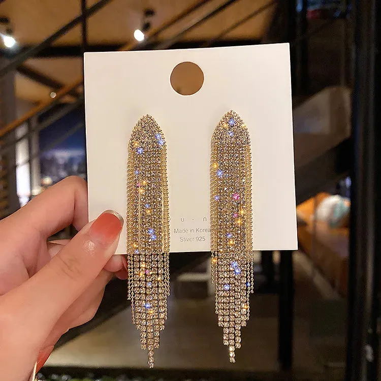Inlaid Rhinestone Bow Tassel Earrings
